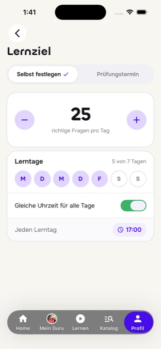 DriveGuru-App: Lernziel mit Fragen pro Tag und Lerntagen
